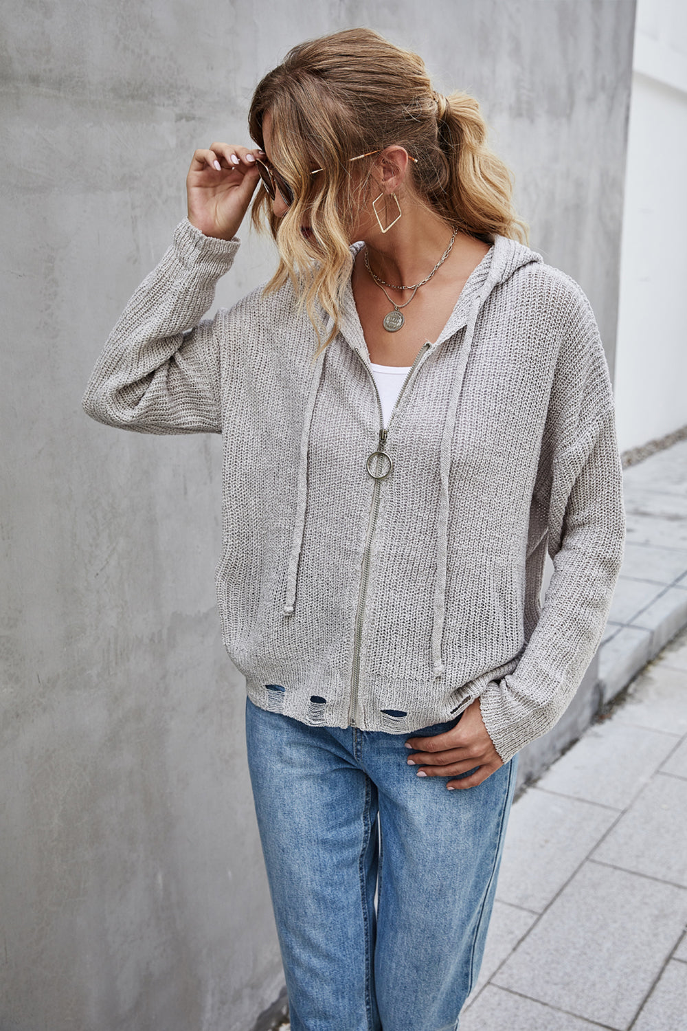 Damen-offener Hoodie, gestrickt, Polyester, langärmelig-6