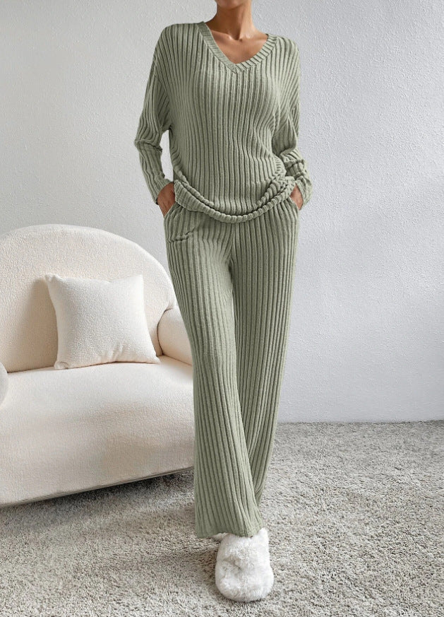 Damen-Lounge-Set, gerippter V-Ausschnitt, Pullover, und lockerer Hose, atmungsaktives Material-6