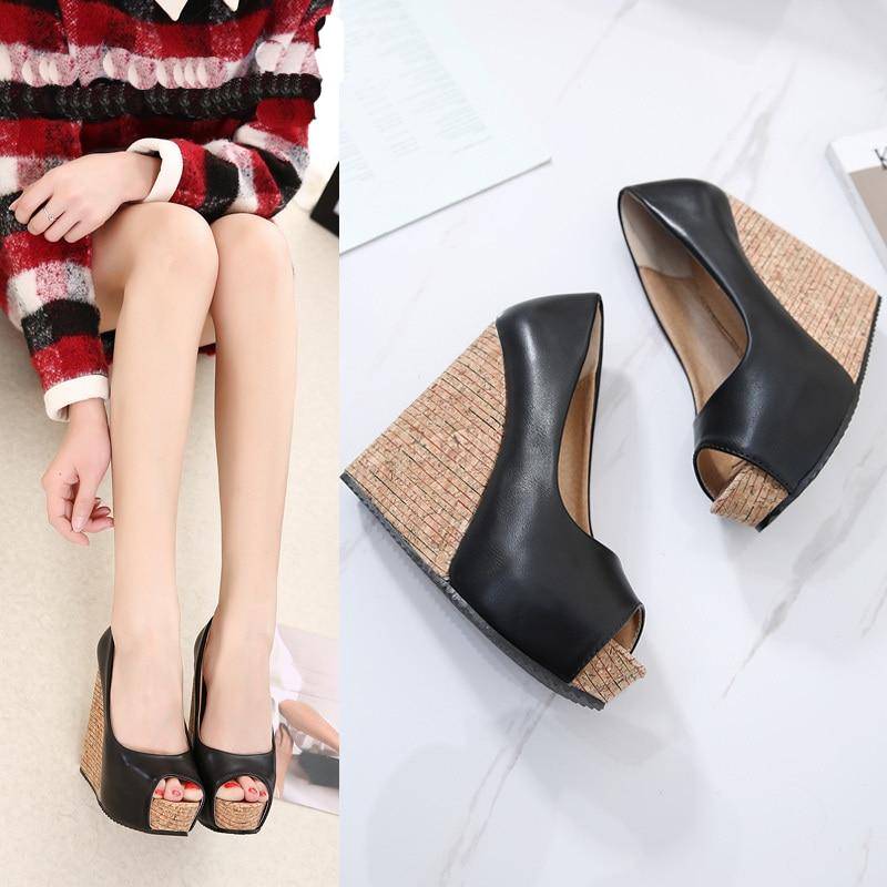 Damen Wedge Schuhe Hoher Absatz PU Offene Spitze-3