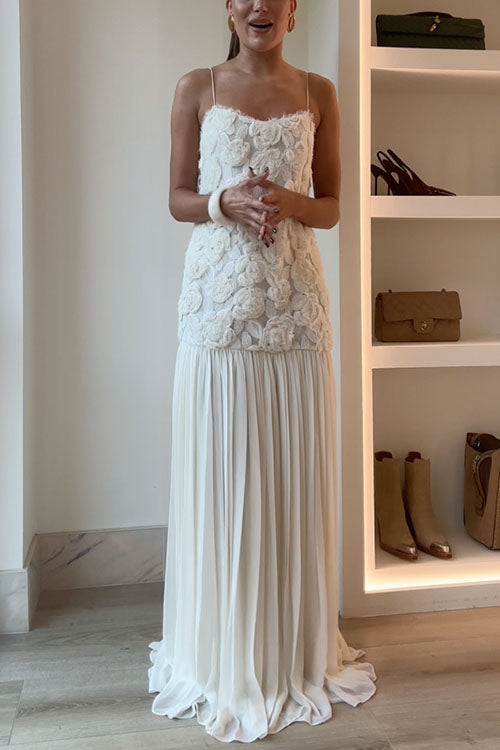 Damen-Maxikleid, Blumen-Applikation, Spaghettiträger, Baumwolle, Polyester-3