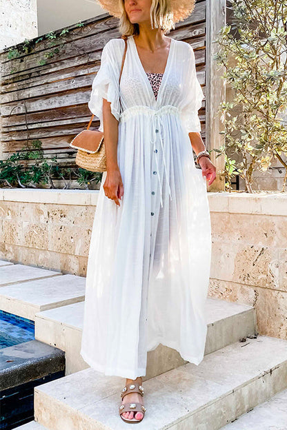 Damen-Maxikleid, V-Ausschnitt, verstellbarer Baumwollmix-3