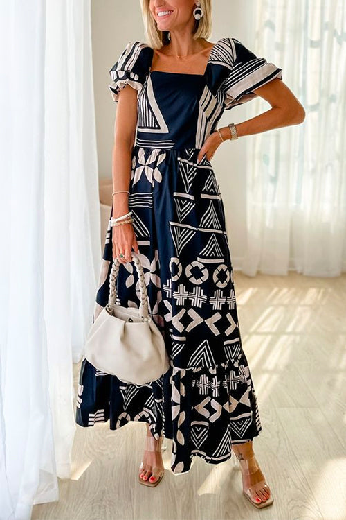 Damen-Midikleid, mit Puffärmel und runder Halsausschnitt, Polyester-Baumwolle-1