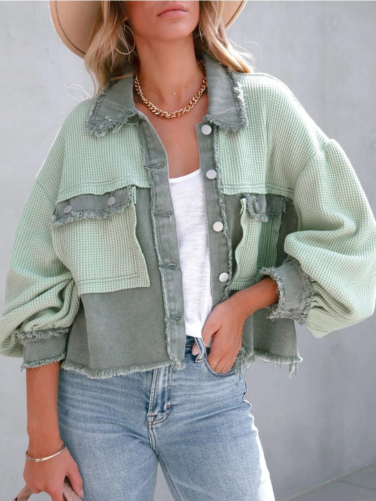 Damenjacke mit Glockenärmeln im Patchwork-Stil Hochwertiger Stoff 4