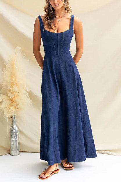 Maxikleid Damen Verstellbare Denim Ärmellos Fließender Stil-3