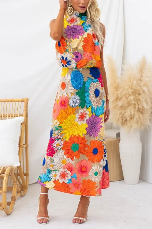 Maxikleid Damen Ärmellos Blumenmuster mit Bindekragen Baumwolle Polyester-2
