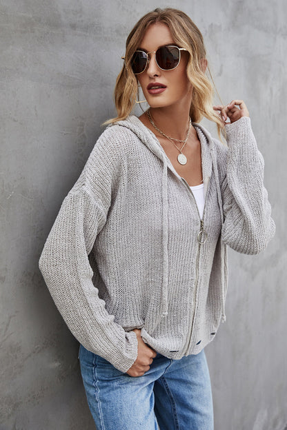 Damen-offener Hoodie, gestrickt, Polyester, langärmelig-2