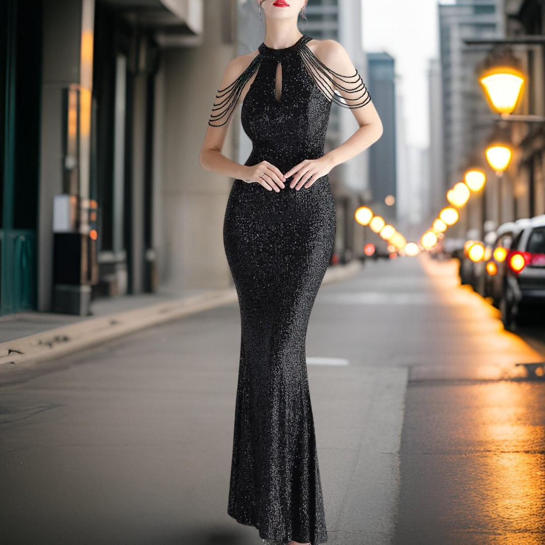 Damen-Abendkleid, lang, fließende Pailletten, hochwertiges Material-1