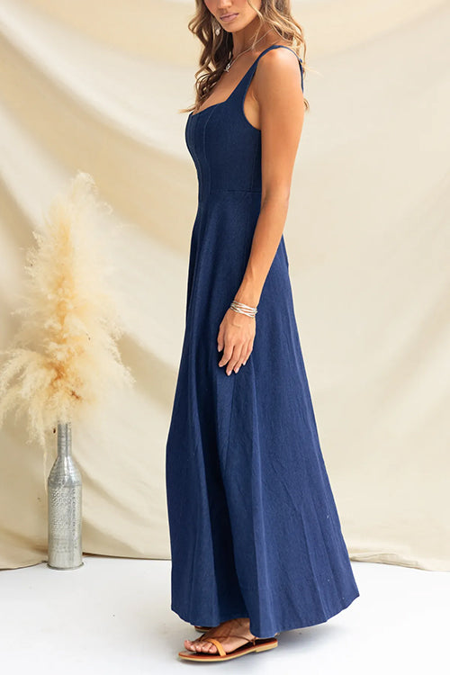 Maxikleid Damen Verstellbare Denim Ärmellos Fließender Stil-4