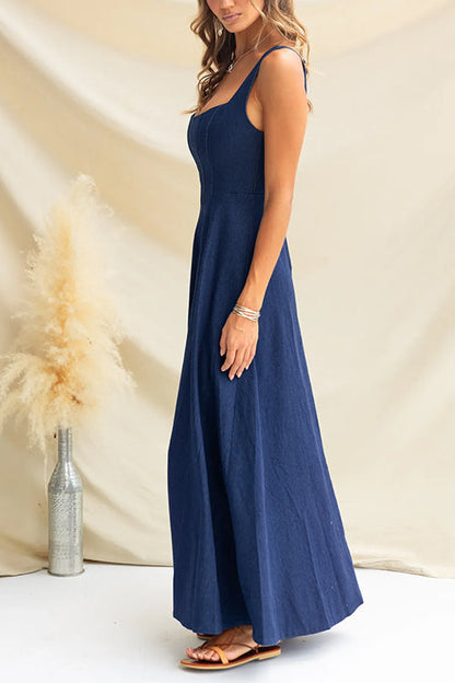 Maxikleid Damen Verstellbare Denim Ärmellos Fließender Stil-4