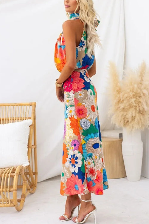 Maxikleid Damen Ärmellos Blumenmuster mit Bindekragen Baumwolle Polyester-3