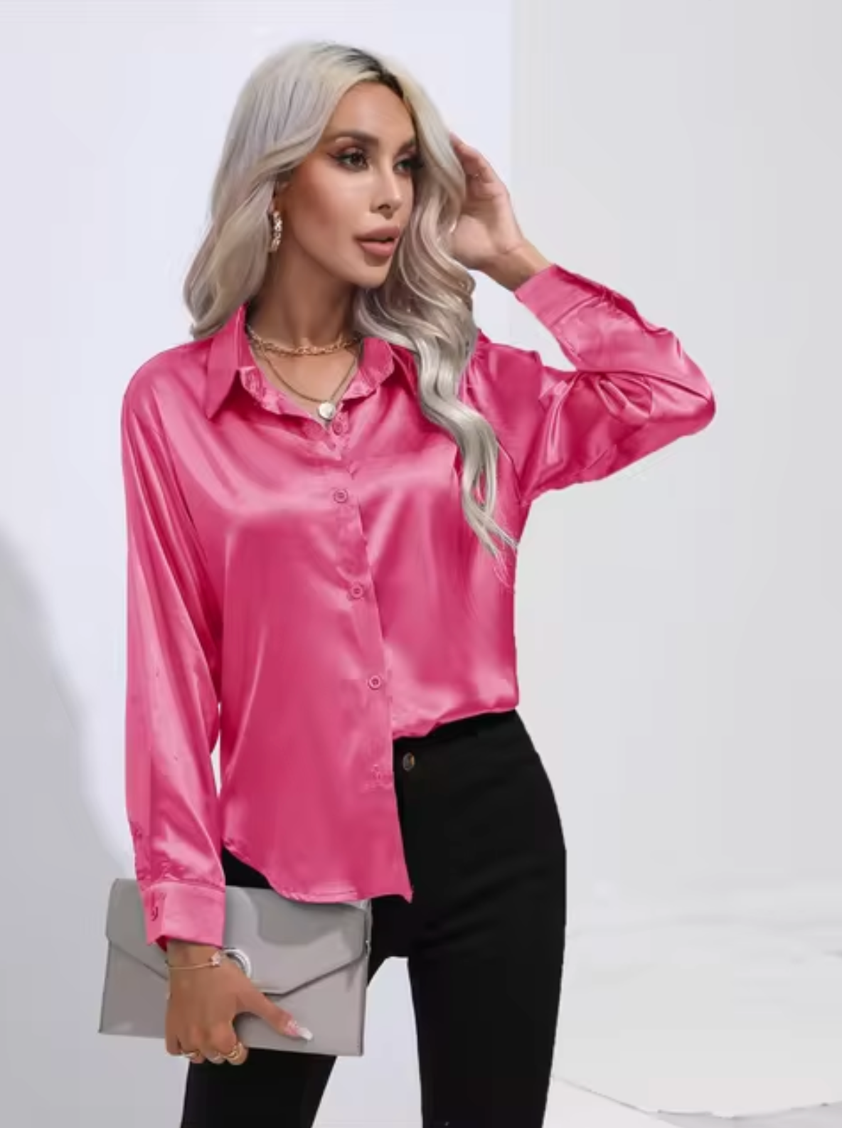 Variant image for Damenbluse Langarm Satin eleganter V-Ausschnitt-66