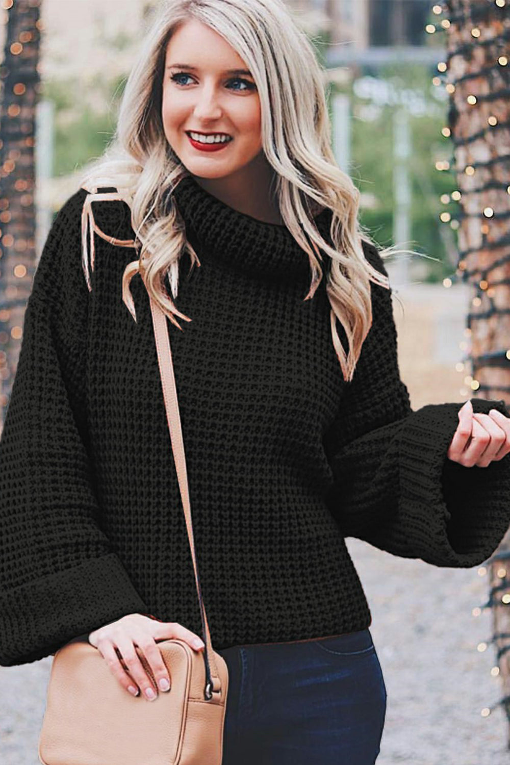 Damen-Strickpullover, hoher Kragen, Polyester, lange Ärmel-3