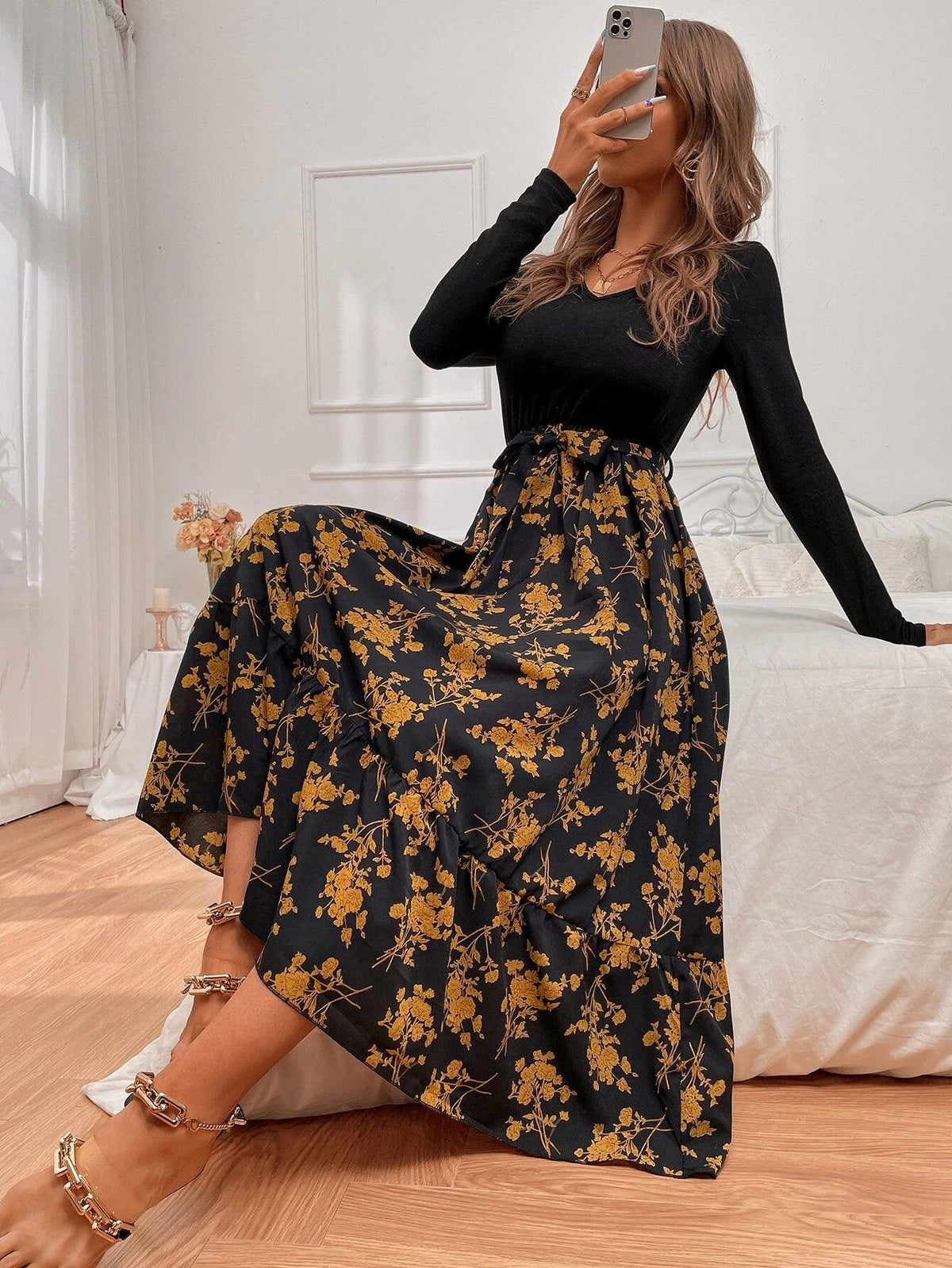 Damen-A-Linien-Kleid, lange Ärmel, Blumenmuster, hochwertiger Stoff-6
