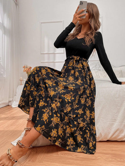 Damen-A-Linien-Kleid, lange Ärmel, Blumenmuster, hochwertiger Stoff-6