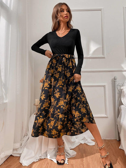 Damen-A-Linien-Kleid, lange Ärmel, Blumenmuster, hochwertiger Stoff-3