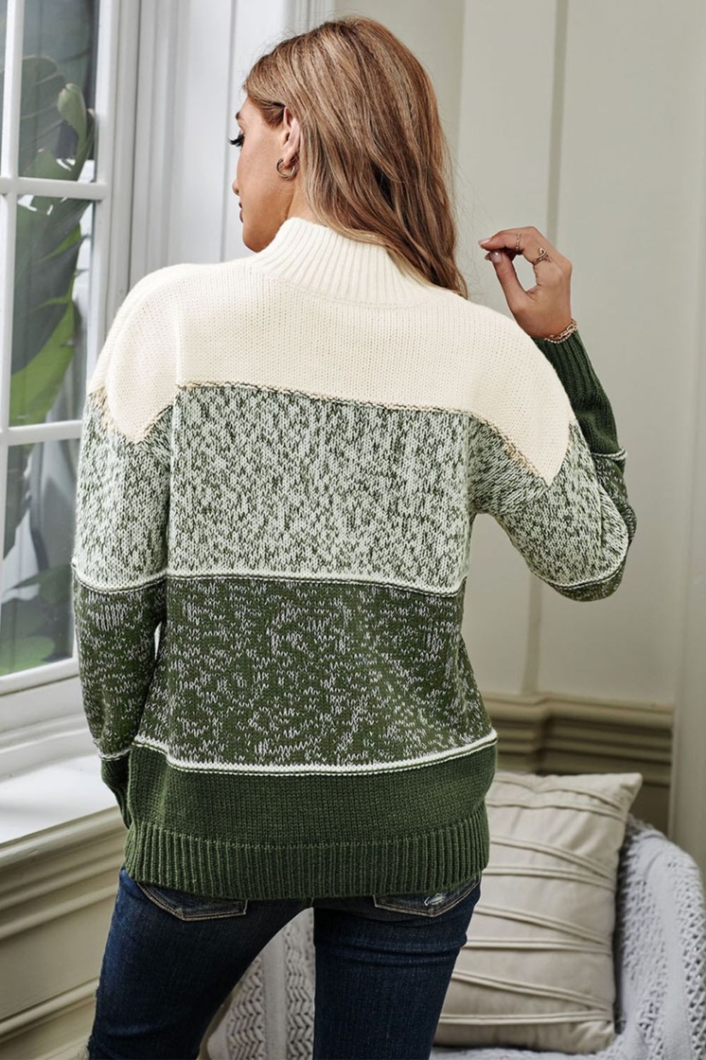 Damen-Pullover, runder Ausschnitt, Polyester, mit Farbblock und langen Ärmeln-6