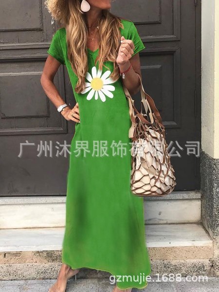 Damen-Maxikleid, V-Ausschnitt, A-Linien-Form, Polyester, Sommer-1