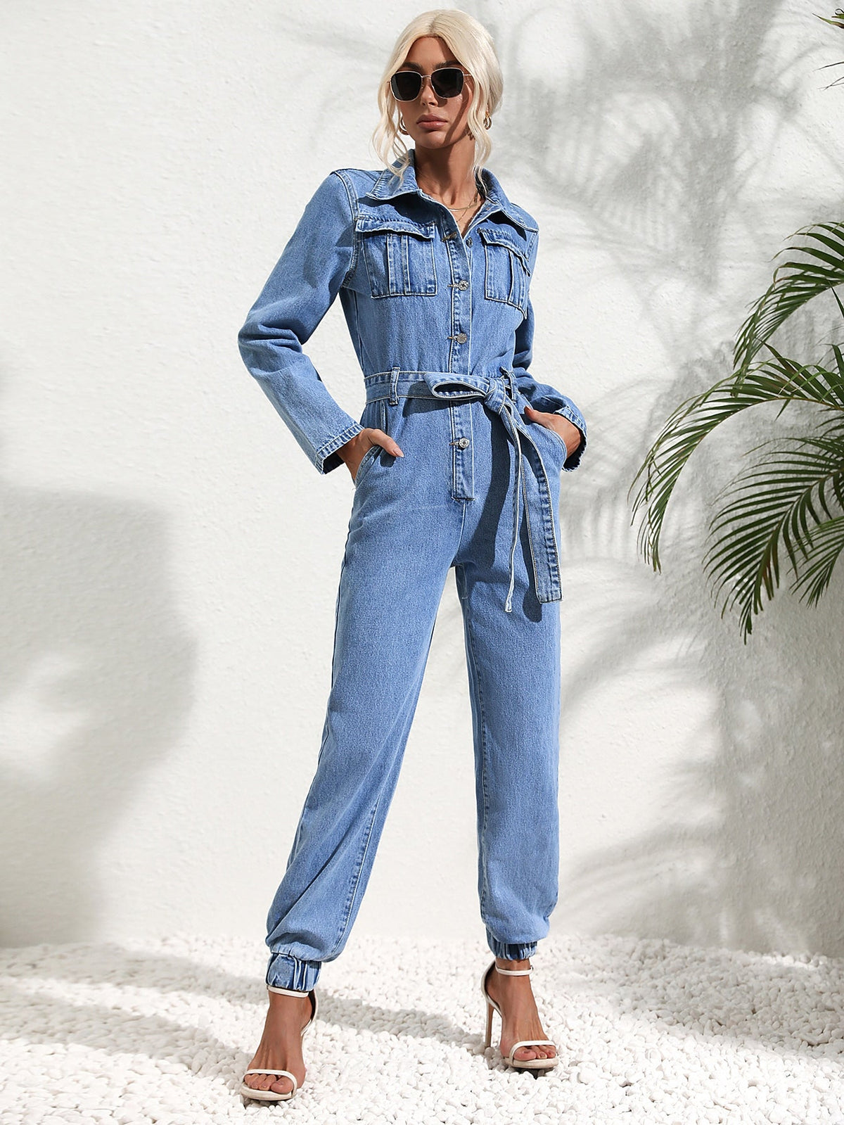 Damen-Jumpsuit im lässigen Stil mit Jeansgürtel, 100% Baumwolle-4