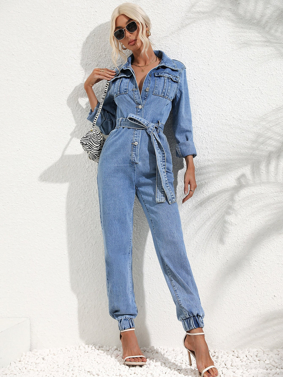Damen-Jumpsuit im lässigen Stil mit Jeansgürtel, 100% Baumwolle-5