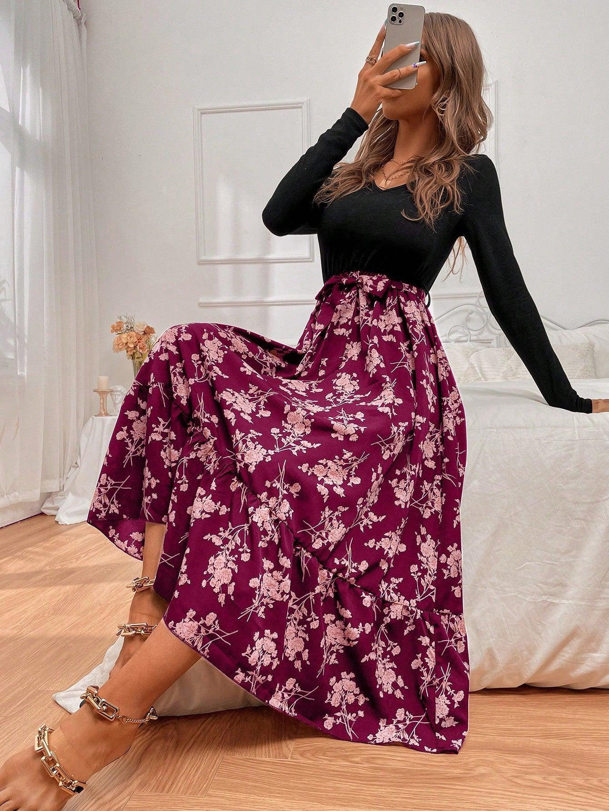 Damen-A-Linien-Kleid, lange Ärmel, Blumenmuster, hochwertiger Stoff-1