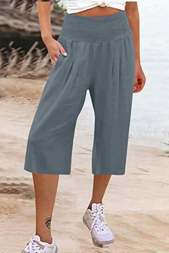 Damen-Hose, hohe Taille, weites Bein, monochromer hochwertiger Stoff-2