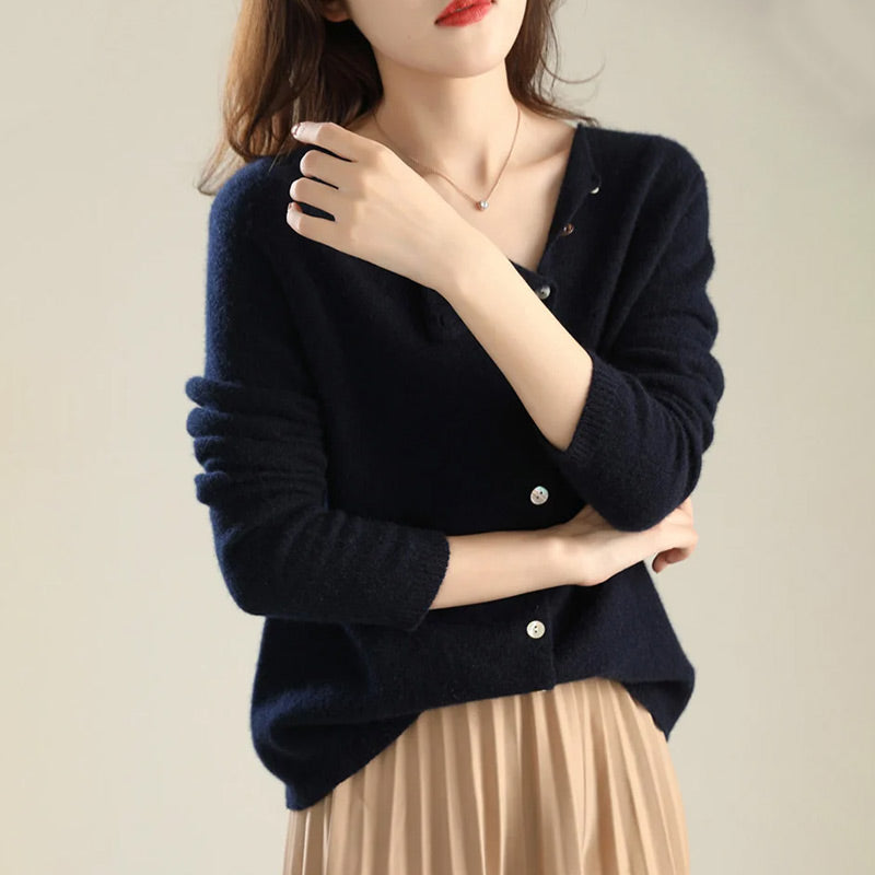 Damen-Strickjacke, knöpfbarer V-Ausschnitt, gestrickt, weich-3