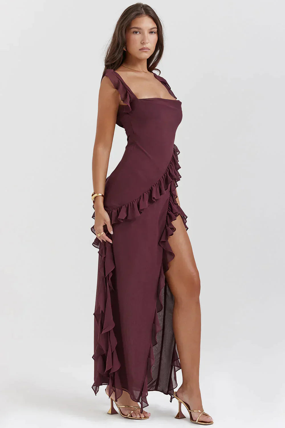 Schöne Damenkleider, rückenfrei, Design, mit Rüschen, Polyester-4