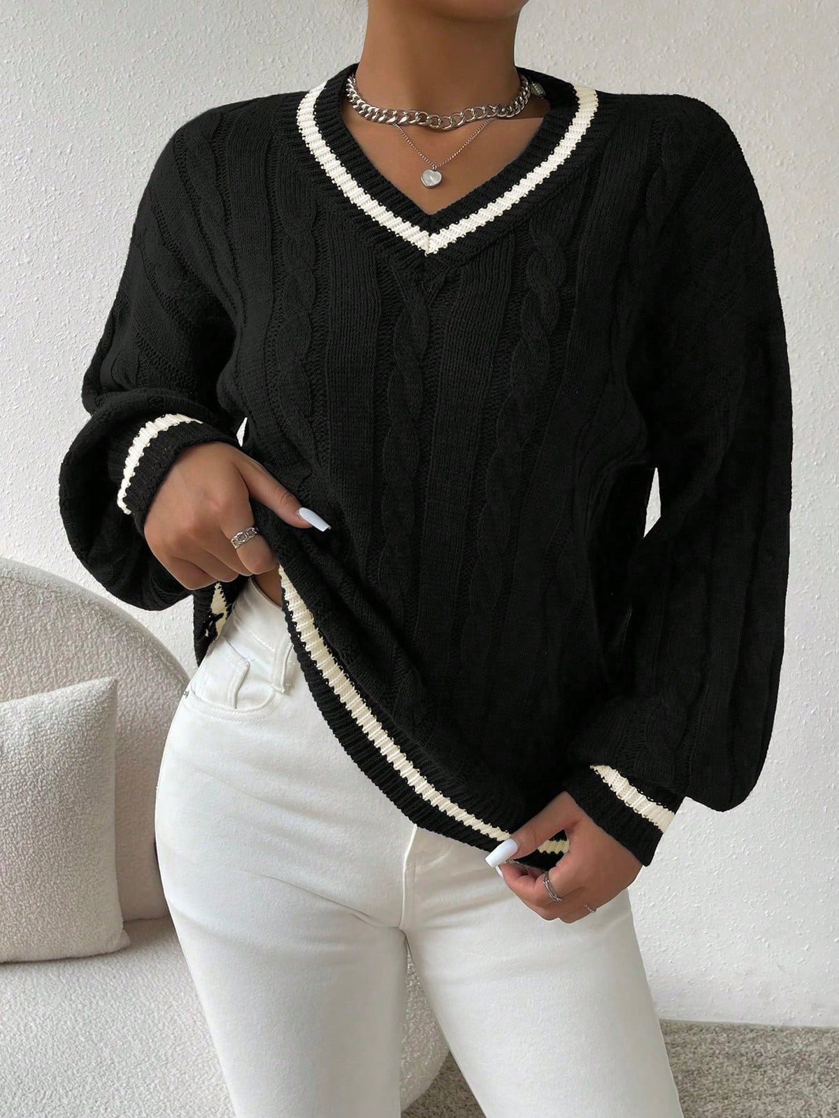 Variant image for Damen-Pullover, Zopfmuster, Streifen, weiches Material-22
