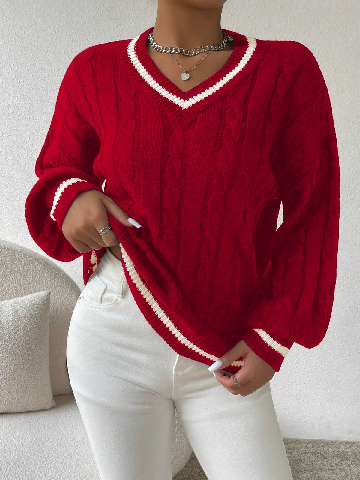 Variant image for Damen-Pullover, Zopfmuster, Streifen, weiches Material-15