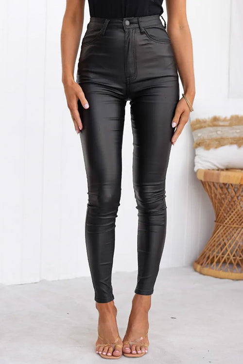 Damenhose, hohe Taille, schmales Bein, elastisches Kunstleder 3