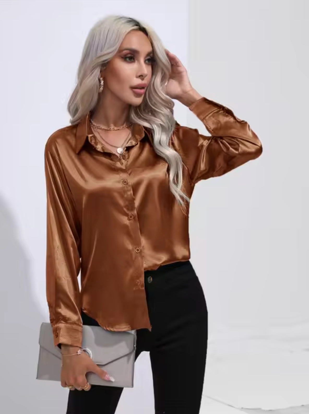 Variant image for Damenbluse Langarm Satin eleganter V-Ausschnitt-71