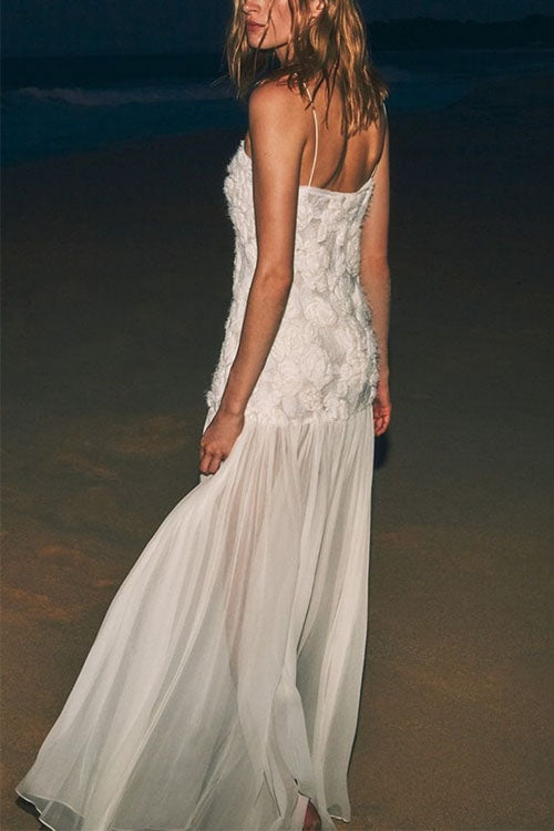Damen-Maxikleid, Blumen-Applikation, Spaghettiträger, Baumwolle, Polyester-5