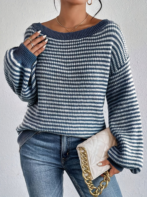 Damen-Oversize-Strickpullover, gestreift, Baumwolle-1