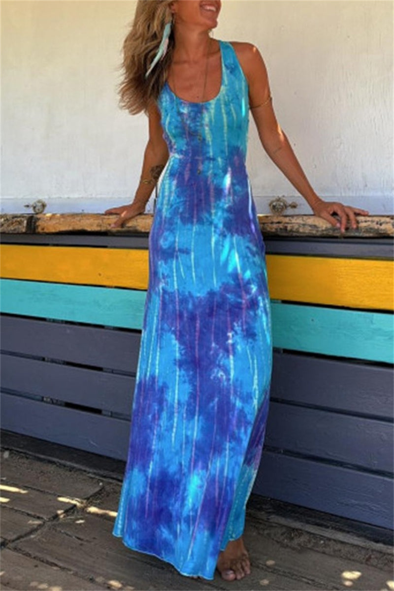 Maxikleid Damen Rückenfrei Rundhalsausschnitt aus aus Polyester für Sommer-2