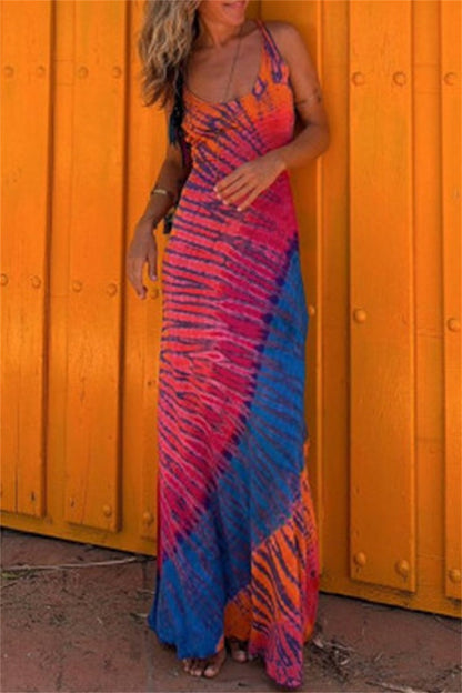 Maxikleid Damen Rückenfrei Rundhalsausschnitt aus aus Polyester für Sommer-3