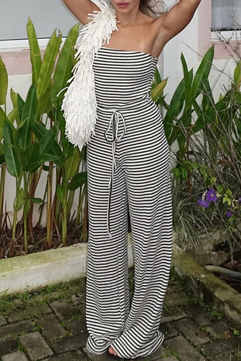 Damen-Jumpsuit mit lockerem Schnitt und gestreiftem Patchwork aus 100% Baumwolle-2