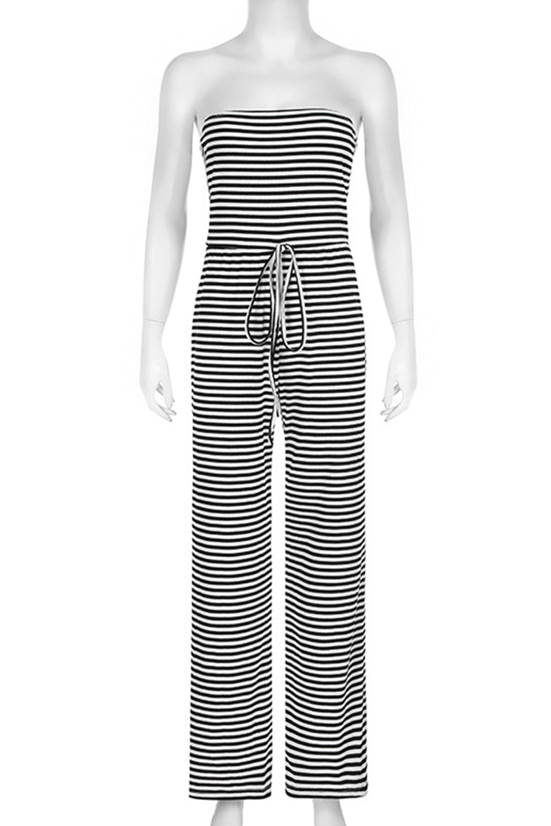 Damen-Jumpsuit mit lockerem Schnitt und gestreiftem Patchwork aus 100% Baumwolle-4