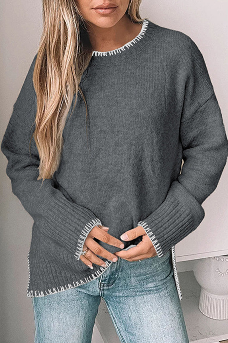 Damen-Patchworkpullover, runder Halsausschnitt, hochwertiges Strickmaterial-5