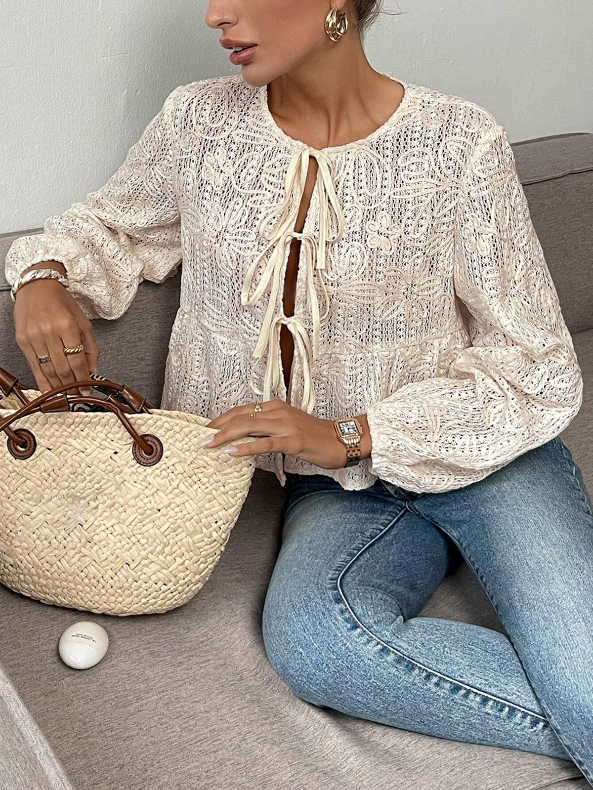 Damen-Häkelbluse mit Schnürung, 100% Baumwolle-3