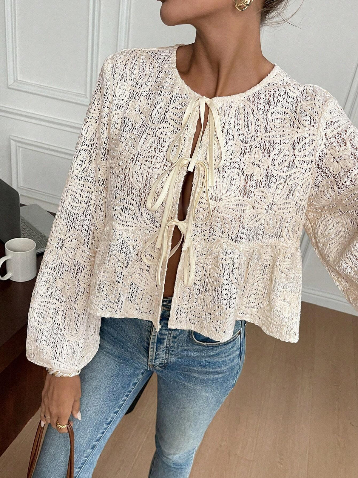 Damen-Häkelbluse mit Schnürung, 100% Baumwolle-6
