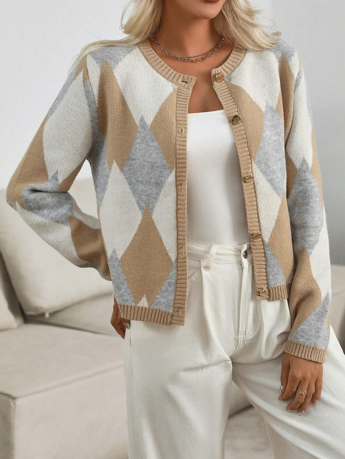 Damen-Daunenweste, Diamond, Muster, gestricktes Design für Layering-Styling-4
