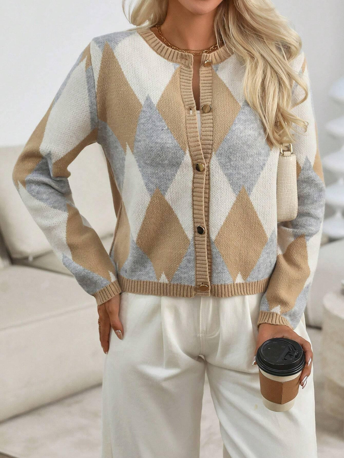 Damen-Daunenweste, Diamond, Muster, gestricktes Design für Layering-Styling-6
