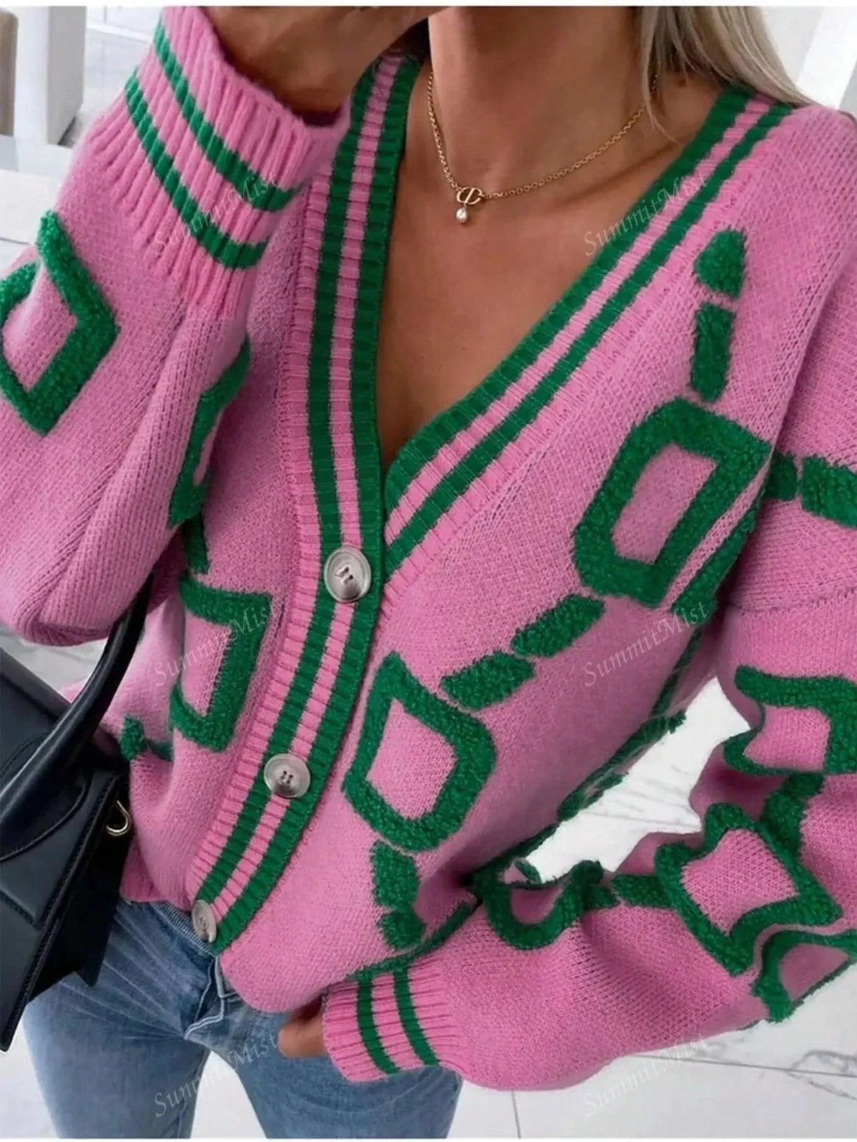 Lange Damen-Strickjacke mit Grafikprint, lässigem Design, 100% Polyester-4