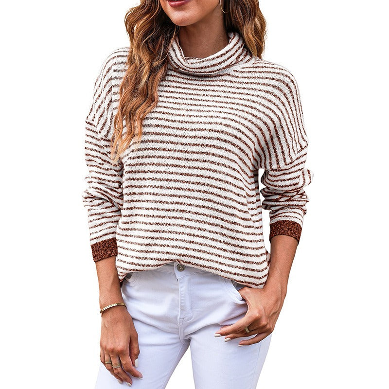 Damen-Strickpullover, Rollkragen, gestreiftes weiches Material-4