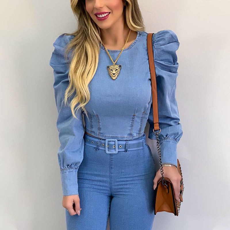 Damen-Hemd, kurze Puffärmel, strapazierfähiger Denim-5