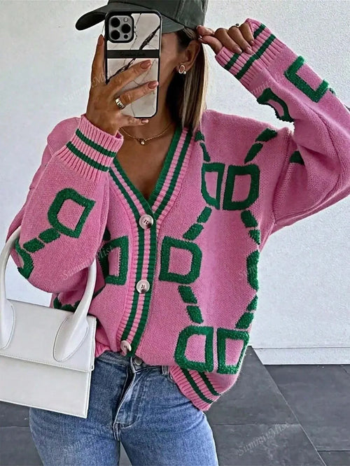 Damen-Lange Strickjacke mit grafischem Print, lässiges Design, aus 100% Polyester-1