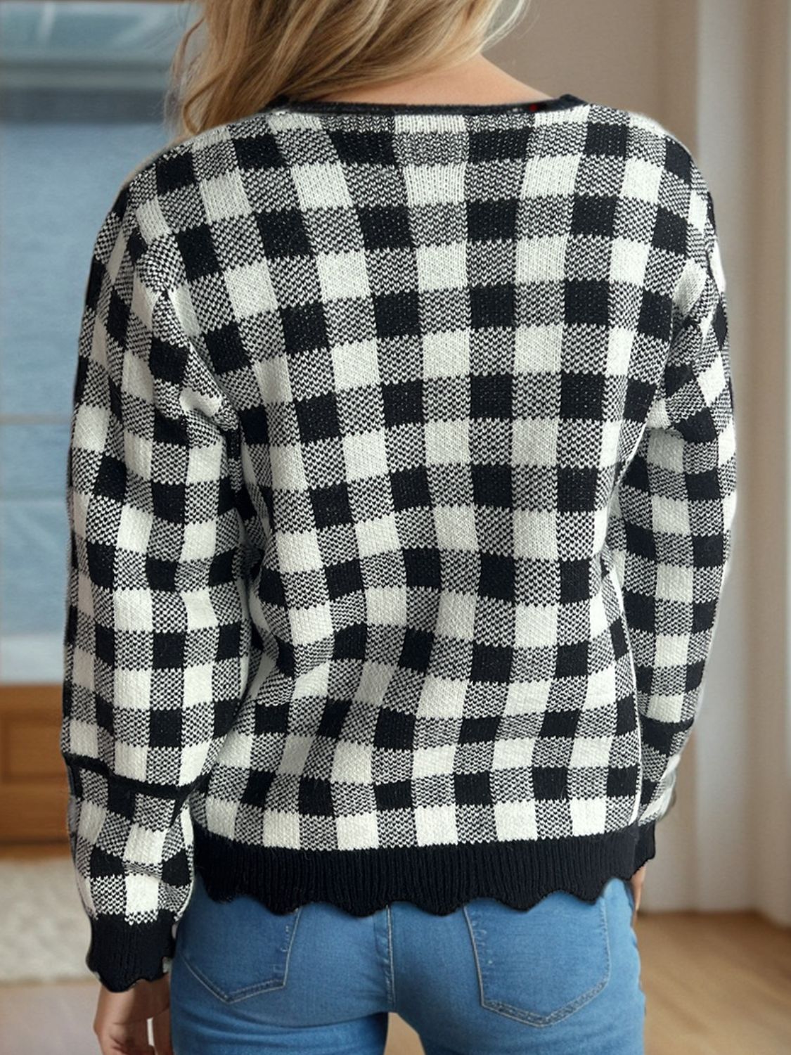 Damen-V-Ausschnitt-Strickjacke, kariertes Muster, gestrickt, Herbst-2