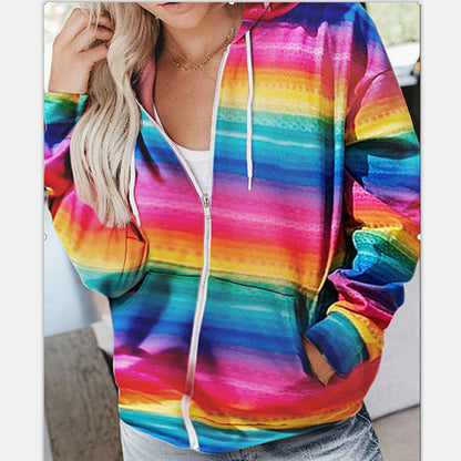 Damen-Mantel, mit Kapuze, lässige Baumwollmischung, Regenbogen-Design-1