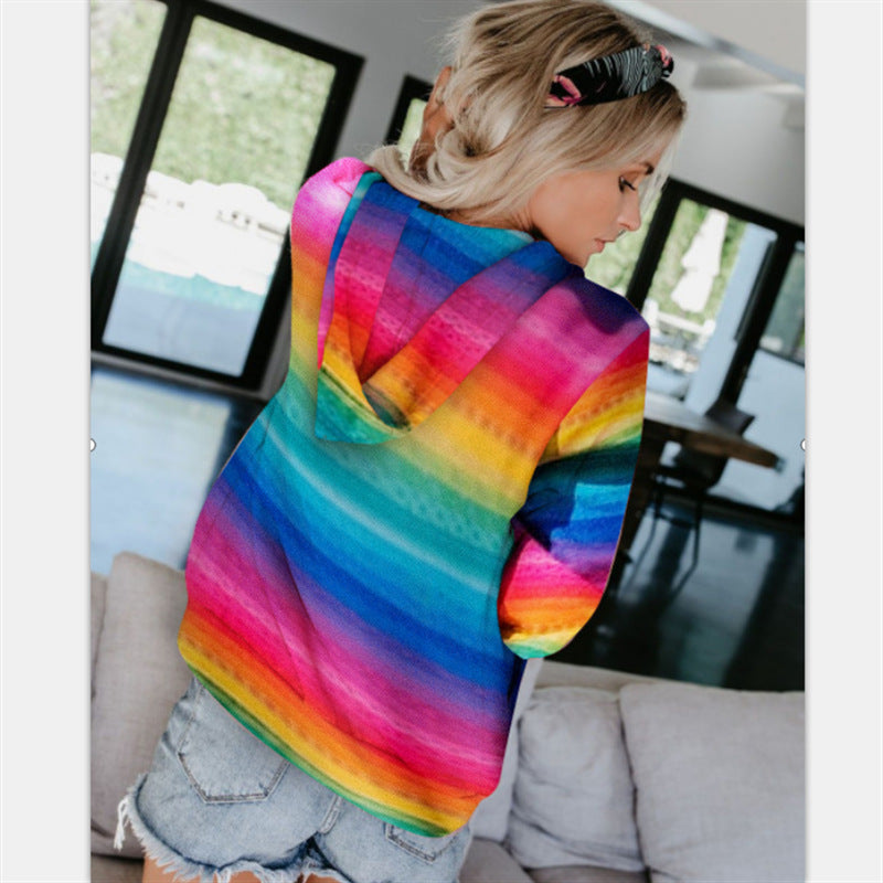 Damen-Mantel, mit Kapuze, lässige Baumwollmischung, Regenbogen-Design-4
