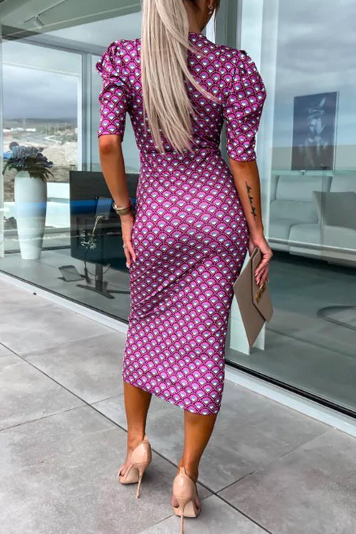 Damen-Midikleid, V-Ausschnitt, Puffärmel, bedruckt, Baumwolle, Polyester-5